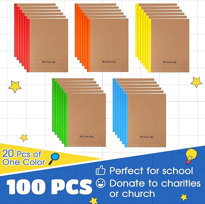 Henoyso 100 Pcs Primary Composition Notebook for Kids 9.75 x 7.5 Inch K-2 Primary Writing Journal with Rainbow Spine 60 Pages Draw and White Journal for Student Back to School Supplies