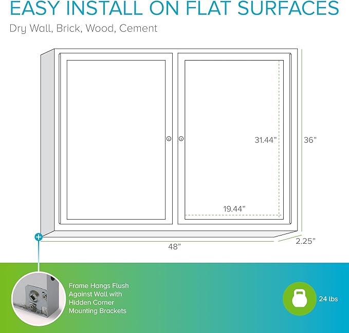 Ghent 36" x 48" 2-Door indoor Enclosed Bulletin Board, Shatter Resistant, with Lock, Satin Aluminum Frame - Natural Cork (PA234K) Made in the USA
