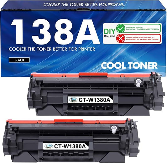 138A Black Laserjet Toner Cartridge 2-Pack Compatible Replacement for HP 138A 138X W1380A W1380X 3001dw Toner Cartridge for HP Laserjet Pro 3001dw 3001fdw MFP 3101fdw Printer Ink