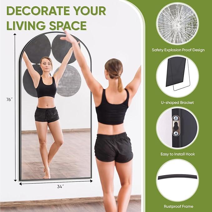 Full-Length Floor Mirror with Stand, 76"x34" Arched Style Full Body Standing Mirror for Bedroom, Living Room, Gym, Dorm - Shatter-Resistant & Easy Assembly, Black