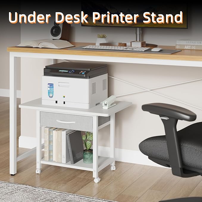 22"x15" Large Printer Stand with Storage Drawer, 2-Tier Under Desk Table for Home Office, Fits Fax Machine/3D Printer/Scanner (White)