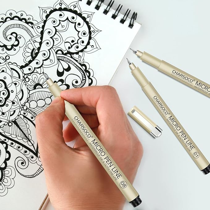 2 Micro Pen, 6 Pack Black Fine Point Pen with Waterproof Archival Ink, 2mm Fineliner Ink Pens for Artist Illustration, Sketching, Anime, Manga, Technical Drawing and Scrapbooking