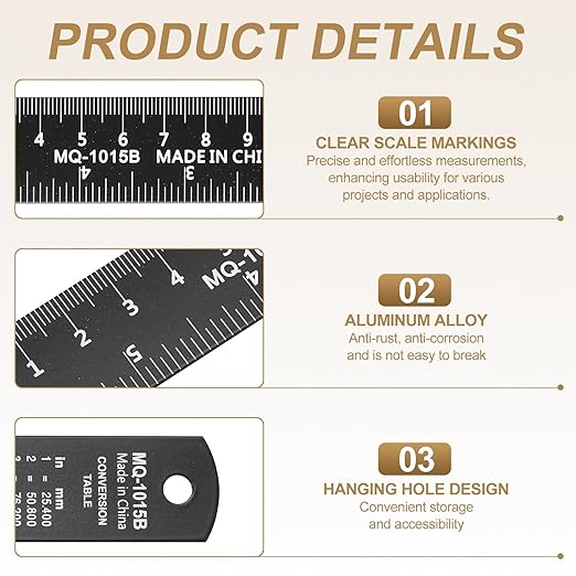 HARFINGTON 6pcs Metal Straight Ruler 15cm Metric SAE Aluminum Alloy Measuring Rulers Scale Tool with Hole for Measure Study Reading Classroom Office, Black