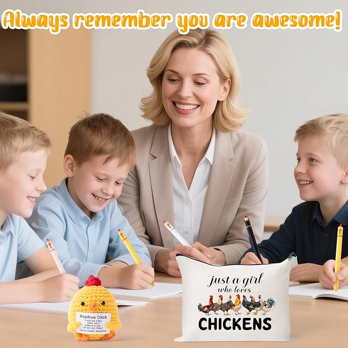 Funny Chicken Gift Accessories - 10Pcs Cute Knitted Chick Stress Relief Stationery Set Lovely Retractable Gel Pens Zipper Organizer Pen Pouch for Kids Birthday Party Gift Student Reward Supply