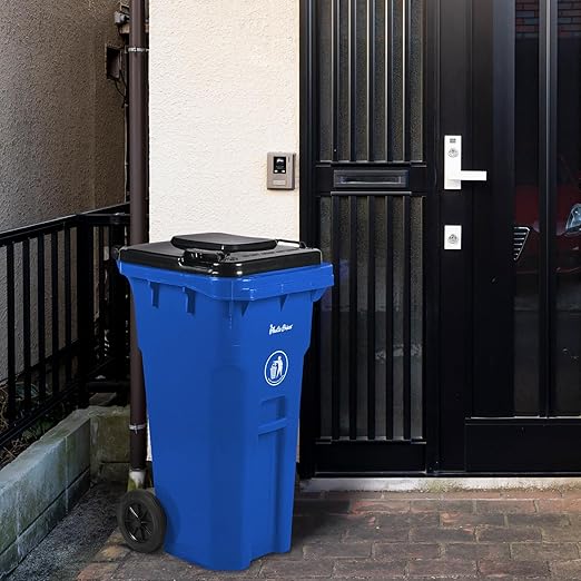32 Gallon Recycling Rollout Trash Can with Lid, Commercial Heavy-Duty Wheeled Outdoor Garbage Can, Blue 2 Pack