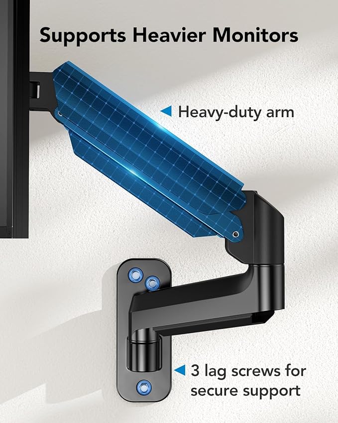 HUANUO Computer Monitor Wall Mount for 22 to 35 inch Flat Curved Screens, Single Wall Mount Monitor Arm Holds up to 26.4lbs, Height Adjustable Full Motion Gas Springcore Vesa Mount, Max 200x200mm