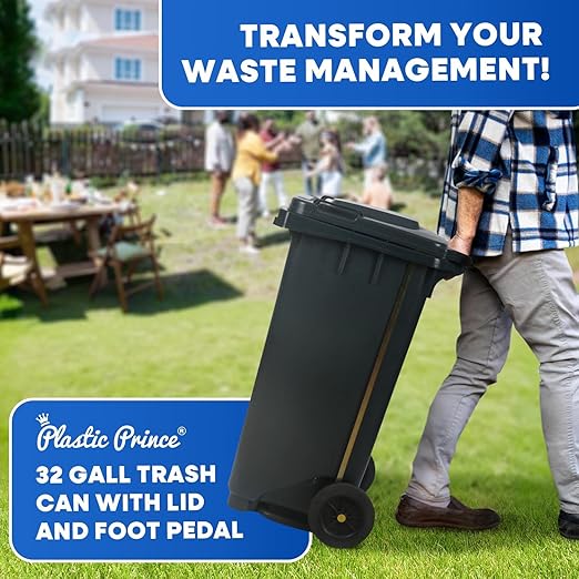 32 Gallon Step-On Large Outdoor Trash Can with Lid and Wheels - Outside Plastic Rolling Garbage Can - Rollout Commercial Heavy-Duty Container Barrel, Gray 2 Pack