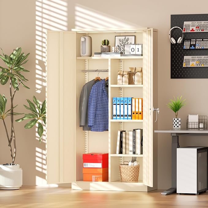 Greenvelly Metal Storage Wardrobe Cabinet with Lock, 72" Grey Metal Wardrobe Closet for Hanging Clothes with Doors and Shelves, Modern Clothes Closet for Home, Office and Bedroom, School,Gym