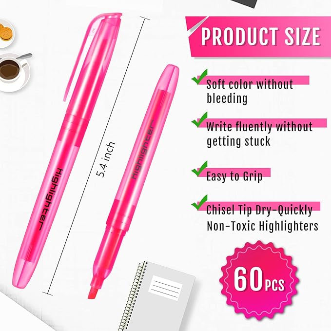 Fuutreo 60 Pack Pastel Highlighters Bulk Bright Color Highlighter Marker Chisel Tip Dry Quickly Safe Highlighter Pens Fluorescent Ink for Adults Home School Office(Pink)