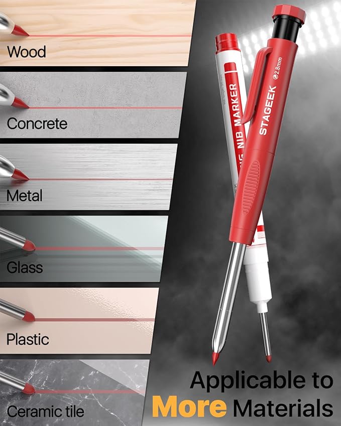 3PCS Carpenter Pencils with Sharpener, Heavy Duty Woodworking Tools, Mechanical Pencil Set with 39 Refills, Deep Hole Long Nib Marker Pens for Architect Marking with Case (Red, Black, Yellow)