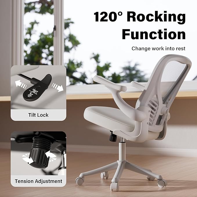 GYI Computer Desk Chair, Ergonomic Office Desk Chairs with Mesh Back, Adjustable Lumbar Support, Height, 3D Flip-up Arms, Wheels, Rocking Function (All White)