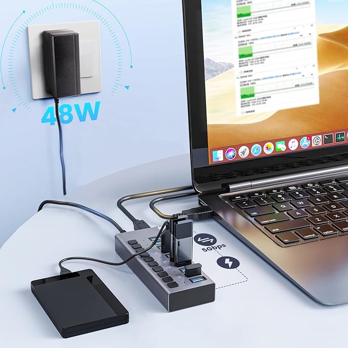 48W Powered USB Hub - ACASIS 10 Ports USB 3.0 Data Hub, Individual On/Off Switches, 12V/4A Power Adapter, Aluminum Housing, USB Splitter for PC, Computer, Mobile HDD, Flash Drive