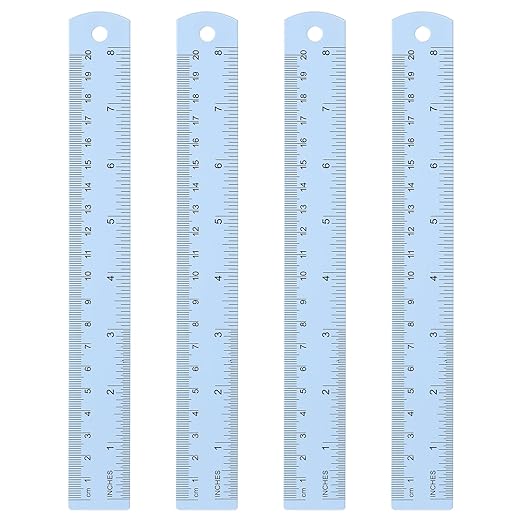 HARFINGTON 4pcs Metal Straight Ruler 20cm Metric SAE Aluminum Alloy Measuring Rulers Scale Tool with Hole for Measure Study Reading Classroom Office, Light Blue