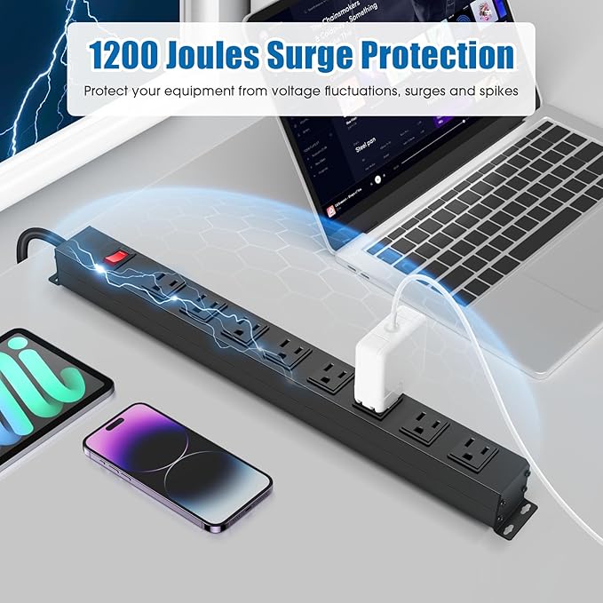 2Pack 8 Outlet Metal Wall Mount Power Strip, Mountable Outlet with Switch, Heavy Duty Wide Spaced Surge Protector, 10 FT SJT 14AWG Black Spring Cord.