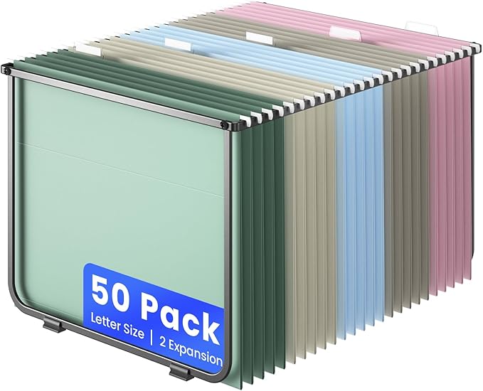 Hanging File Folders Letter Size, 50 Pack File Organizer Folders, 1/5-Cut Tabs With Hanging File Folder Framer, Heavy Duty 2 Inch Expansion, Stay Organized for Your Home and Office Bulk File.
