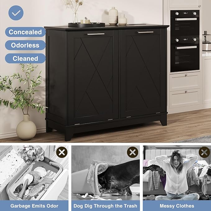 20 Gallon Tilt Out Trash Cabinet, Kitchen Trash Can Cabinet w/Negative ion and deodorizing Function, Dog Proof Garbage Can Cabinet for Kitchen, Bathroom, Living Room, Black
