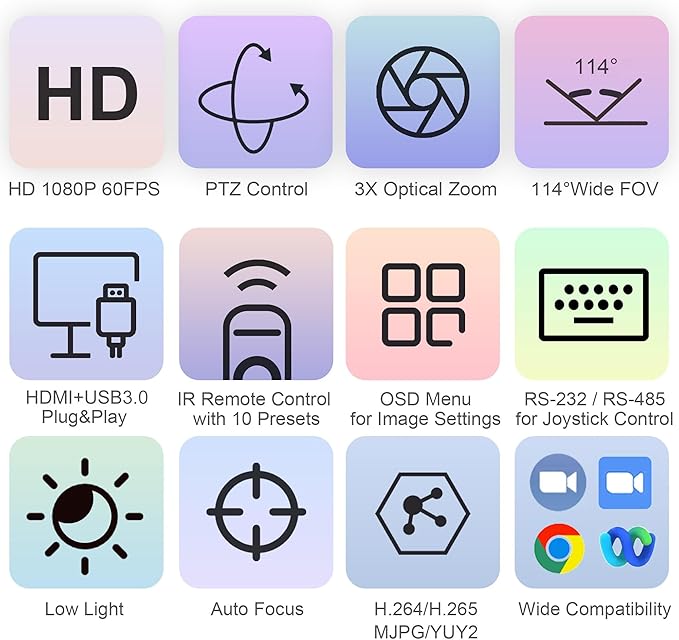 3X Optical Zoom PTZ Camera HDMI USB 3.0 1080P 60fps 114-Degree Wide-Angle for Video Conference Business Meeting Live Streaming Online Learn with Zoom YouTube Teams OBS and More