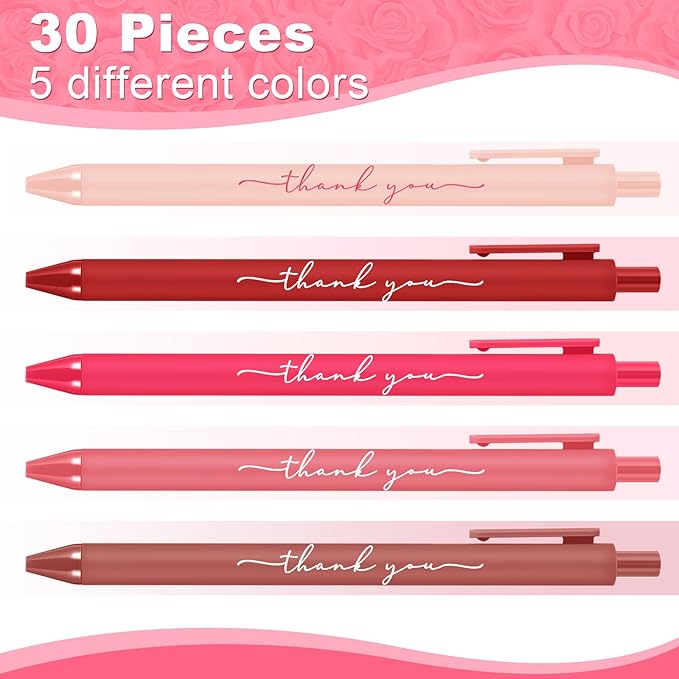 30pcs Thank You Pens Bulk Cute Multicolor Ballpoint Pen for Men Women Server Accessories Employee Holiday Appreciation Gifts for Teacher Office Back to School Party Favor (Valentine Color)