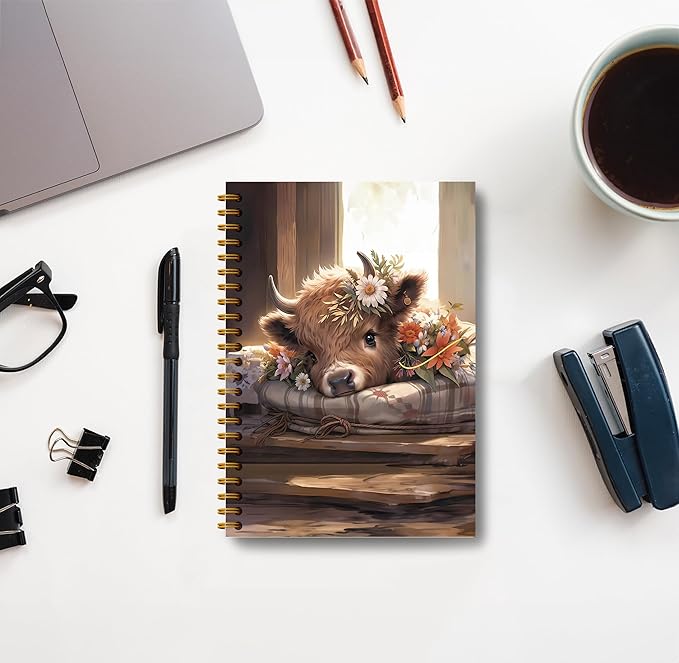 Highland Cow Notebook Journal - Spring Highland Cow Gifts, Daisy Floral Spiral Journal Notebook 5.5×8.3, Cow Gifts for Women, Cow Gifts for Cow Lovers, 164 Pages