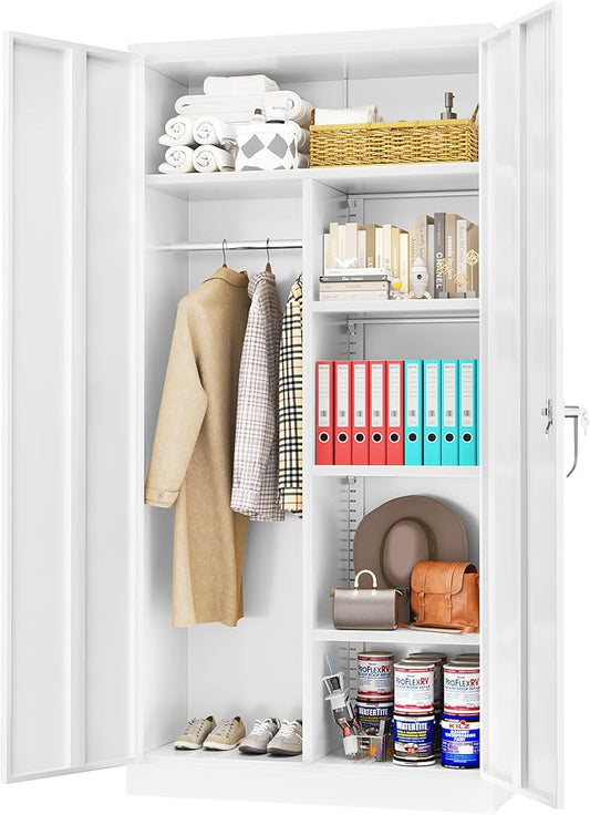 Greenvelly Metal Storage Cabinet with 2 Doors, White 72” Steel Storage Wardrobe Cabinet, Employees Locker Closet Clothing Coat Steel Wardrobe Cabinet with Hanging Rod for Garage, Gym, Home Office