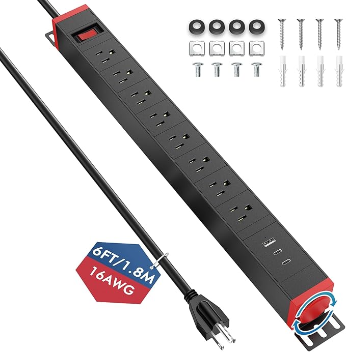 360° Rotating Mountable Power Strip with USB Ports, 8 Outlet Surge Protector Power Strips Wall Mount, Metal Heavy Duty Versatile Outlet with 6FT Power Cord,For Home Office Industrial Garage Commercial