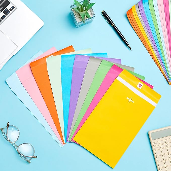 Geyee 100 Pcs Clasp Manilla Envelopes 6 x 9 Inch Gummed Colored Envelopes for Storing or Mailing for Home Office Business Supplies(10 Colors)