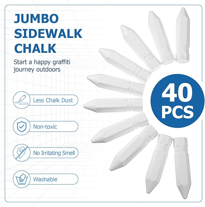 Fulmoon 40 Pcs Jumbo Sidewalk Chalk for Kids Outdoor Art Non Toxic Large Washable Street Chalk for Adults Drawing Painting Classroom (White,Hexagon)