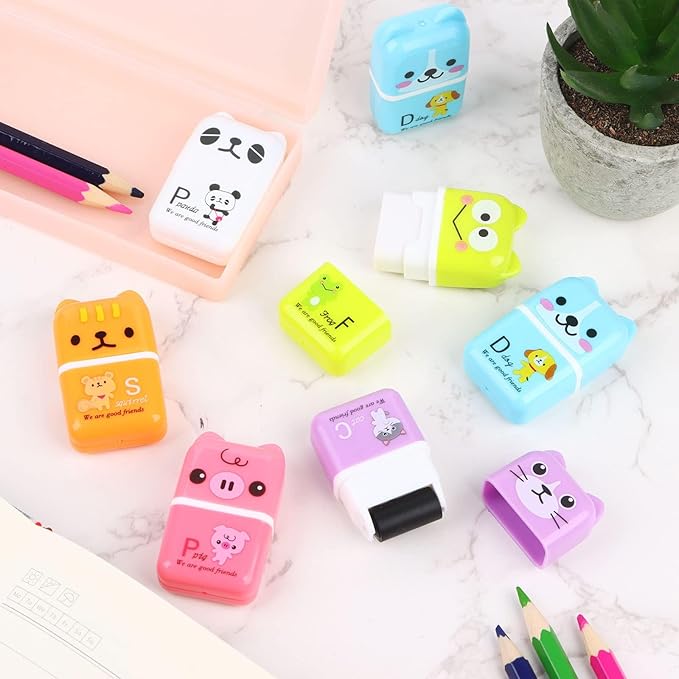 36 Pieces Erasers for Kids Cute Animal Cartoon Eraser with Cover and Roller Cases 6 Patterns Soft Pencil Rubber for Office Back to School Gifts Supplies Animals Themed Fun Party Favor
