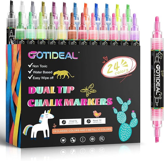 GOTIDEAL Chalk Markers Dual Tips,Erasable Liquid Chalk Marker for Blackboard,Washable Chalk Pens for Auto,Car,Glass,Mirror,Chalkboard,Window markers,24 Colors Chalk Board Markers with Metallic Colors