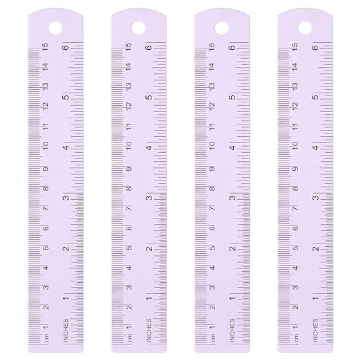 HARFINGTON 4pcs Metal Straight Ruler 15cm Metric SAE Aluminum Alloy Measuring Rulers Scale Tool with Hole for Measure Study Reading Classroom Office, Purple