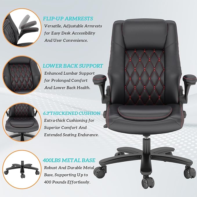GYI High Back Executive Office Chair, Big and Tall Office Desk Chair 400LBS with Lumbar Support, Flip-up Armrests, Rubber Wheels, Black