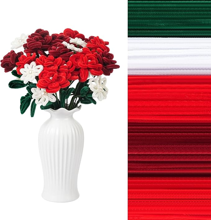 400 Pcs Red Pipe Cleaners for Crafts, 4 Colors Chenille Stems Bulk with Floral Wires, Gardening Tape,Hot Glue Stick，Greeting Card,Bouquet Paper, Pearl & Ribbon, Flowers Craft kit for Christmas