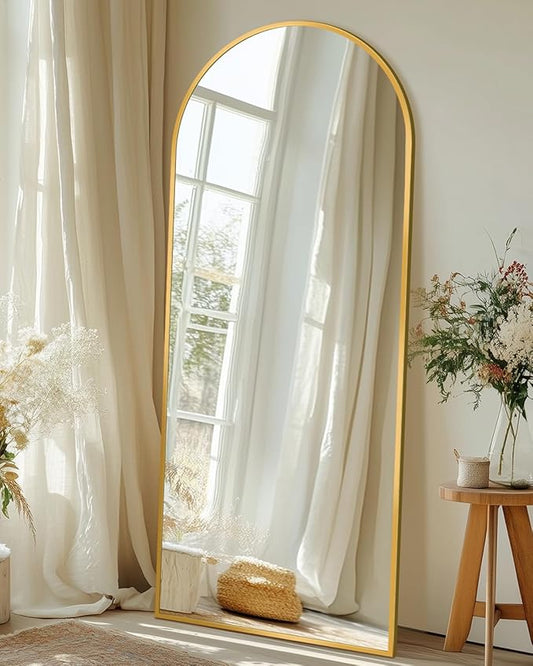 Full-Length Floor Mirror with Stand, 58"x19" Arched Style Full Body Standing Mirror for Bedroom, Living Room, Gym, Dorm - Shatter-Resistant & Easy Assembly, Gold