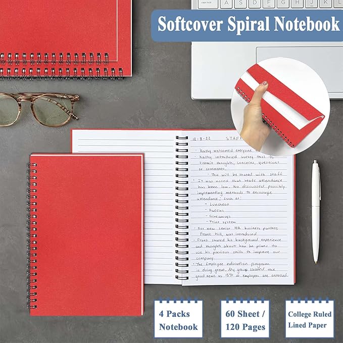 GINMLYDA 4Pack Small Spiral Notebook A5, 8.25x5.5” 120 Lined Pages Wide Ruled Spiral Journal Bulk Blank Kraft Cover Spiral Bound Notebook & Writing Pads for Home Office Meeting Work Note Taking
