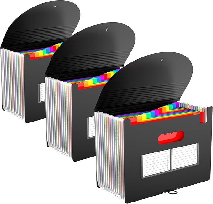 3 Pack Expanding File Folder with Blank Label, 12 Pocket Accordian File Organizer Document Storage Organizer, Desktop Accordion Folders File Keeper A4 Letter Size for Home School Office