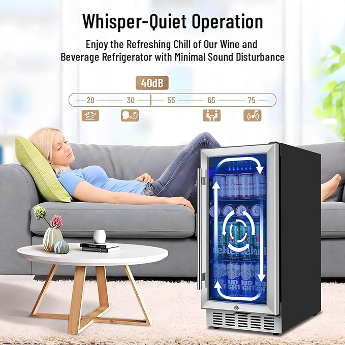 15 Inch Beverage Refrigerator, 130 Can Capacity Under Counter Fridge with Lock & Glass Door, Quiet Built-in or Freestanding Beer Cooler, Powerful Compressor for Fast Cooling
