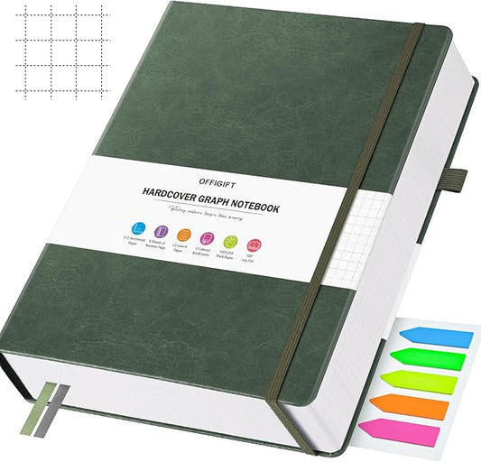 Graph Paper Notebook, 312 Numbered Pages Large A5 Hardcover Leather Journal, 100gsm No Bleed Grid Paper Notebook with Index Pages, Grid Notebook for Graphing Notes Math, 5.75" x 8.38", Green