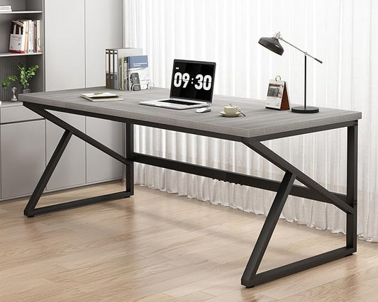 HSH 70 Inch Long Grey Desk, Large Home Office Computer Desk for 2 People, Industrial Wood and Metal Executive Work Writing Study Gaming Desk Table, Modern Bedroom Simple PC Laptop Desk Double Desk