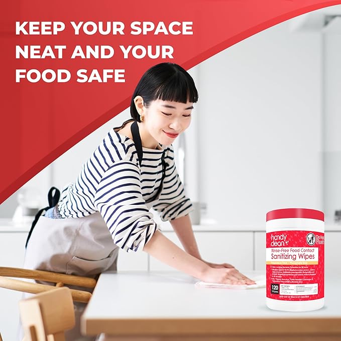 HandyClean Rinse-Free Food Contact Sanitizing Wipes Canister, Multi Surface Cleaning Supplies for Kitchen and Professional Setting One Canister (120 Wipes)
