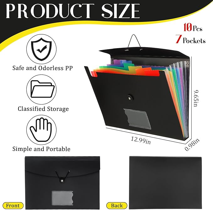 Glenmal 10 Pcs 7 Pocket File Folders File Organizer Expanding Folder with Labels Plastic Expandable Folder Pocket Folder A4 Letter Size Paper Organizer Folder for Office(Black)