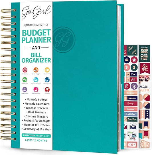 GoGirl Budget Planner & Monthly Bill Organizer – Monthly Financial Book with Pockets. Expense Tracker Notebook Journal, Large (Turquoise)