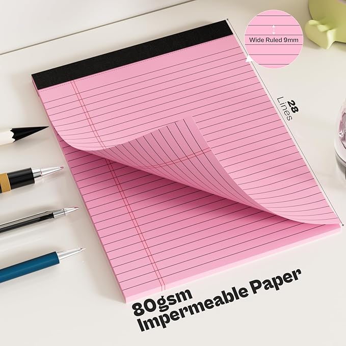 360 Sheets Pink Legal Pads 8.5" x 11" Pack of 12 Note Pads Wide Ruled Lined Paper with Micro-Perforated Writing Notebook 30 Sheets per Pad To-Do List Notepad for School, Office & Home Supplies