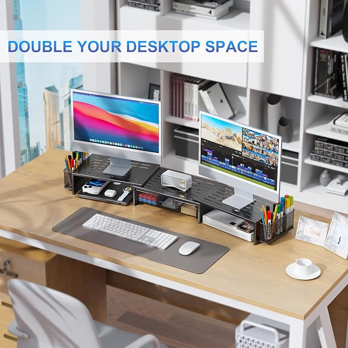 gianotter Computer Dual Monitor Stand Riser For Desk, Desk Organizers And Accessories With Drawer And 2 Pen Holder For Office, Home, School Supplies (Black)