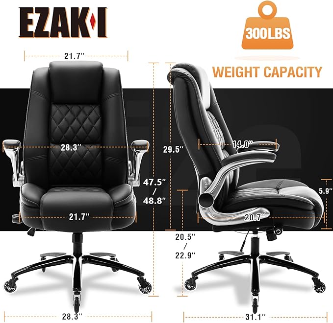 High Back Office Chair- Flip Arms Adjustable Built-in Lumbar Support, Executive Computer Desk Chair Work Chairs, Thick Padded Strong Metal Base Quiet Wheels, Ergonomic Design for Back Pain