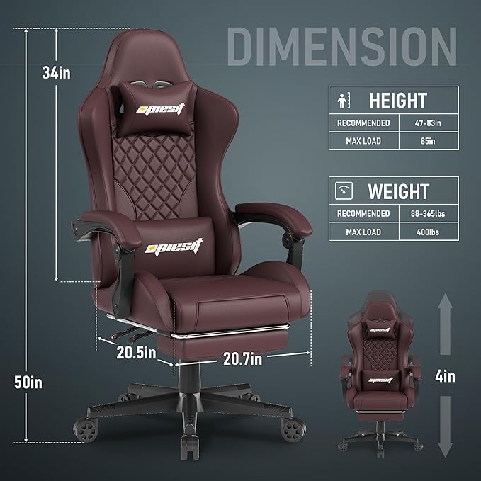 Gaming Chair,Ergonomic Computer Chairs for Adults with Footrest, PU Leather Office Chair with Adjustable Lumbar Support & Pocket Spring Cushion - Heavy Duty 400lb Capacity Gamer Chair (Brown)