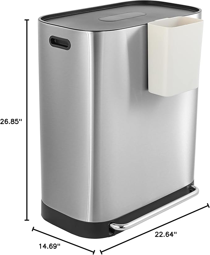 happimess HPM1014A Beni Kitchen 16-Gallon Double-Bucket Step-Open Trash Can with Soft-Close Lid, Modern, Minimalistic, Fingerprint Proof for Home, Kitchen, Laundry Room, Office, Bathroom, Chrome