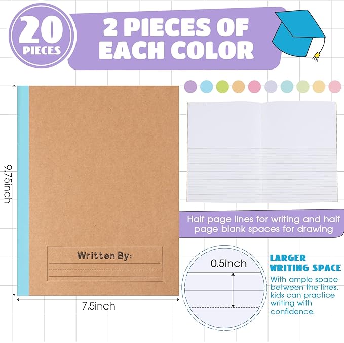 Henoyso 20 Pcs Primary Composition Notebook 9 3/4 x 7 1/2 Inch Kids Journal, Back to School Supplies, K-2 Primary Writing Notebook for Kids Student Draw and Write Story Journal (Colorful Macaron)