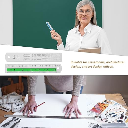 HARFINGTON 4pcs Metal Straight Ruler 15cm Metric SAE Aluminum Alloy Measuring Rulers Scale Tool with Hole for Measure Study Reading Classroom Office, Green