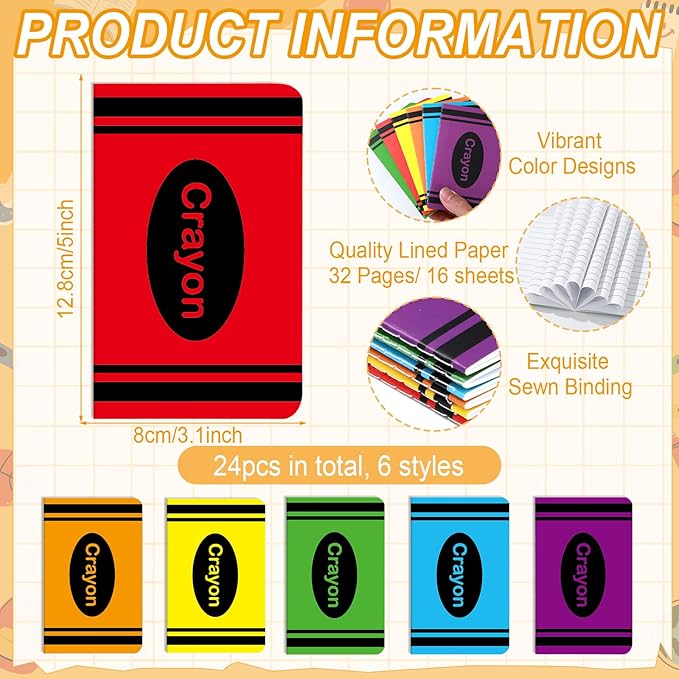 24 Pack Mini Crayon Notebooks Back to School Bulk Favor Crayons Pattern Small Journals Pocket Notepad Cute Notebook for Students Teacher Appreciation Gift First Day of School Classroom Prize 5x3 Inch
