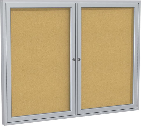 Ghent 36" x 48" 2-Door indoor Enclosed Bulletin Board, Shatter Resistant, with Lock, Satin Aluminum Frame - Natural Cork (PA234K) Made in the USA